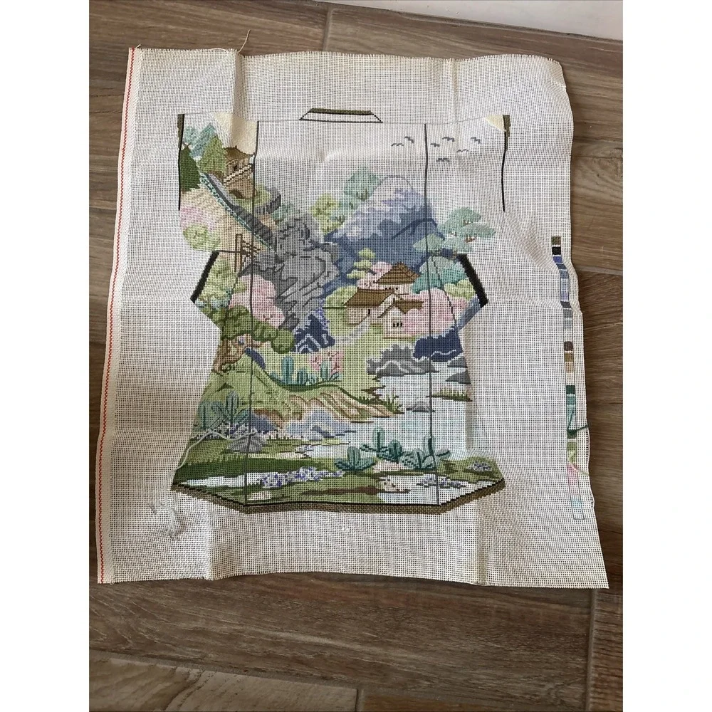 Hand-Stitched Needlepoint Tapestry Unfinished Asian Kimono Landscape Wall Art